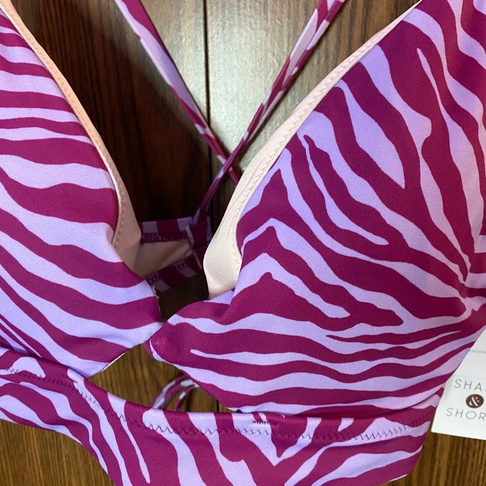 Shade & Shore Bikini Top Womens 36C‎ Purple Zebra Print Cutout Longline Swimwear